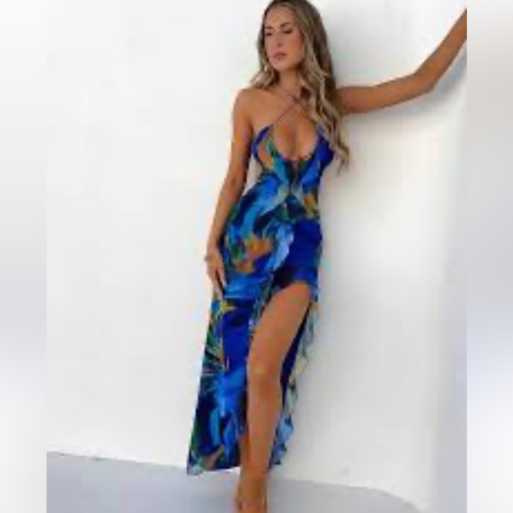Vibrant Blue Vacation Vibes Mesh Floral Maxi Dress see through